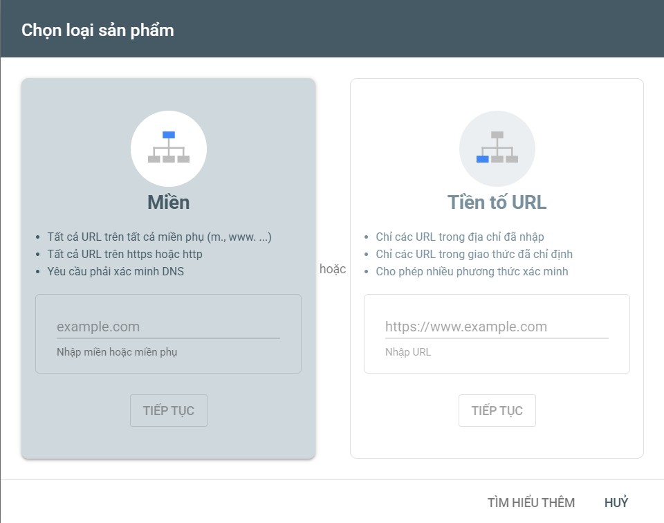 Hộp thoại Google Search Console cho phép chọn thuộc tính Miền hoặc Tiền tố URL