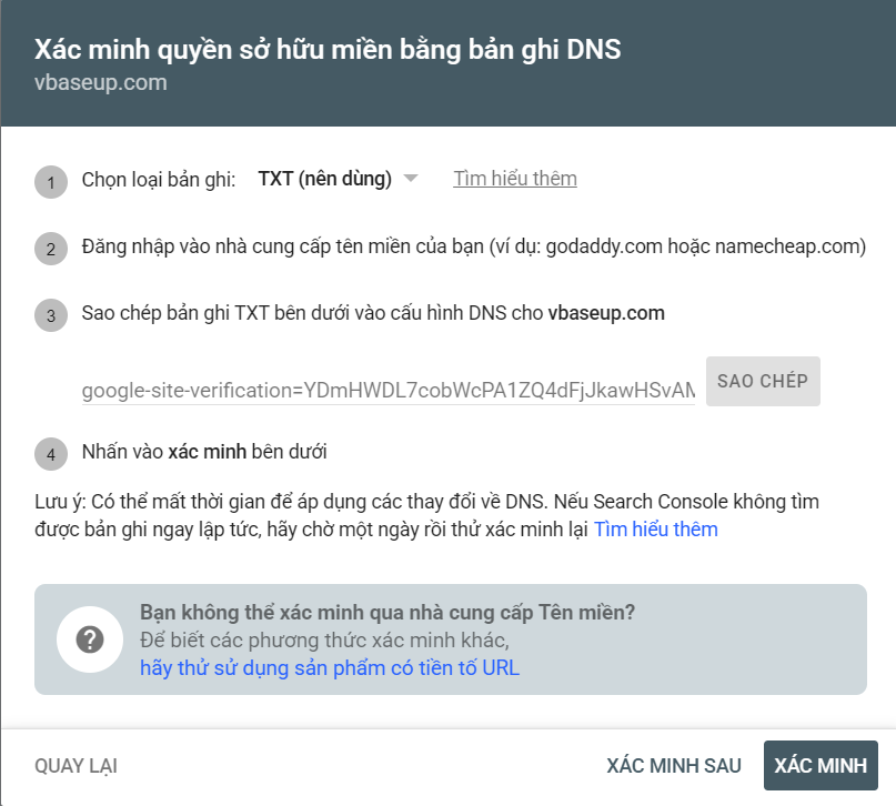 Google Search Console hướng dẫn xác minh quyền sở hữu miền