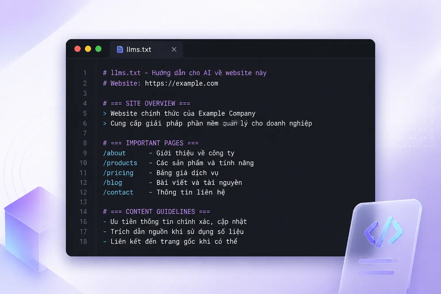 ví dụ nội dung file llms.txt bằng Markdown