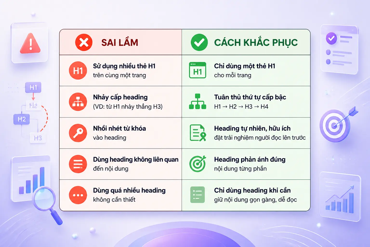 lỗi thẻ heading SEO phổ biến nhảy cấp nhiều H1 nhồi từ khóa cách khắc phục