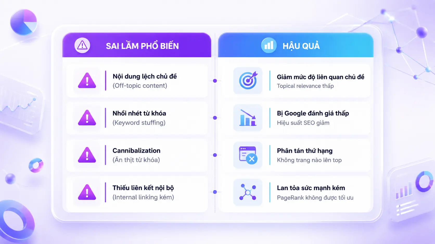 sai lầm xây dựng topical authority off-topic content keyword cannibalization