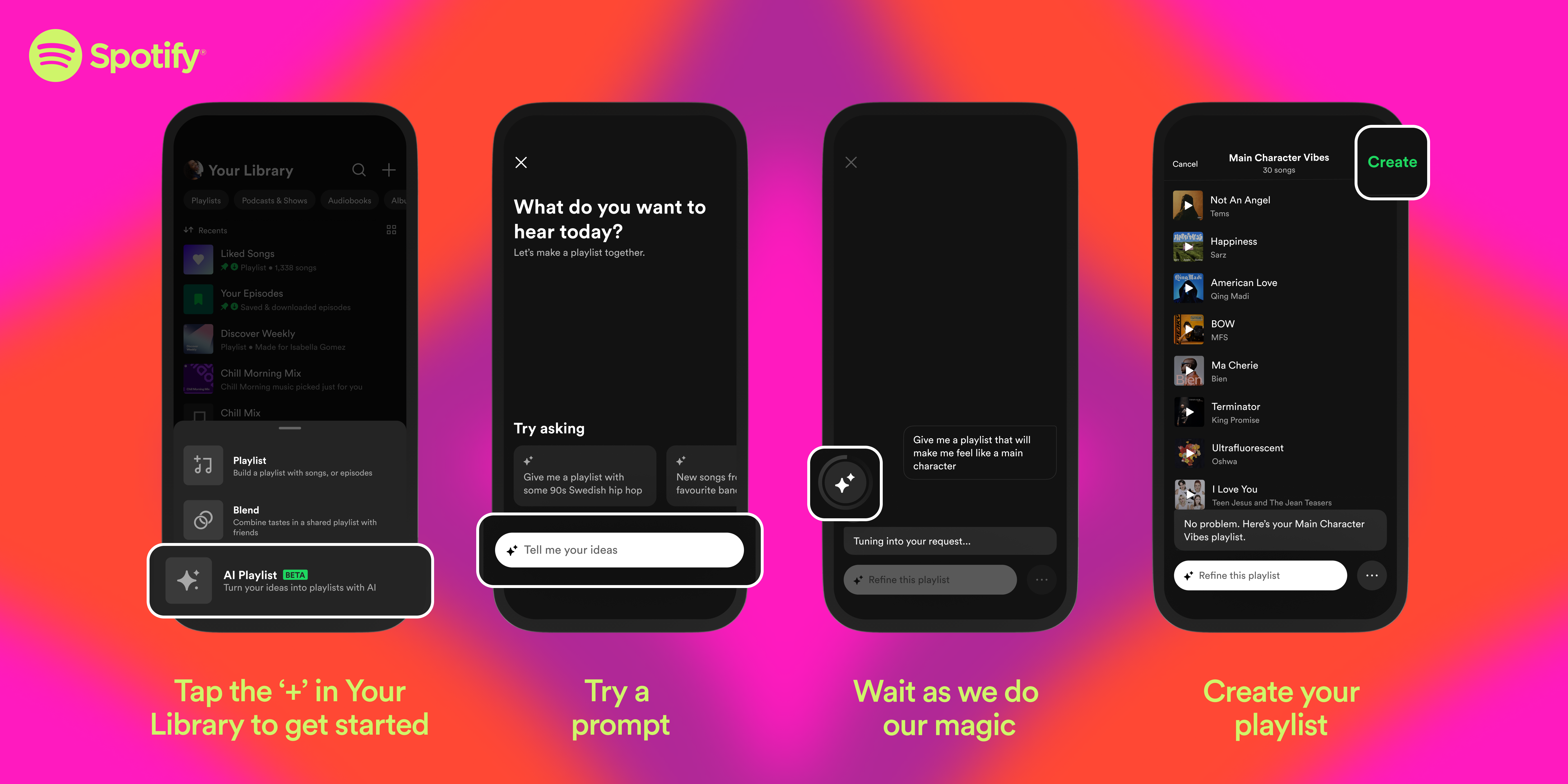 Bốn màn hình Spotify hướng dẫn tạo danh sách phát AI từ chọn AI Playlist đến nhấn Create