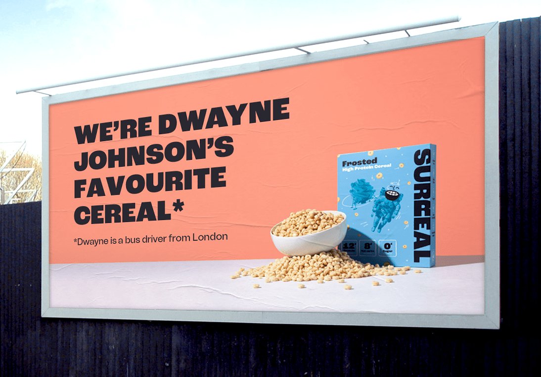 Billboard Surreal ghi “We’re Dwayne Johnson’s favourite cereal” rồi tiết lộ Dwayne chỉ là tài xế xe buýt ở London