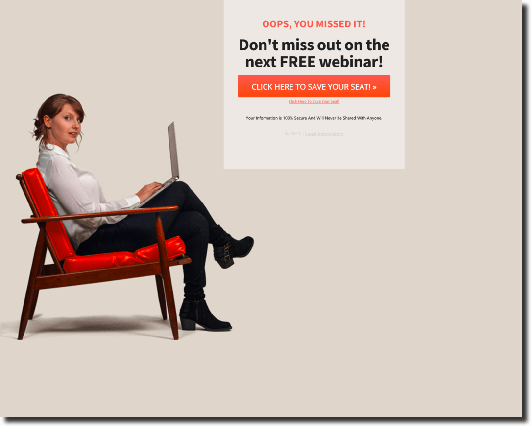Trang đăng ký webinar với dòng “OOPS, YOU MISSED IT!”, lời nhắc “Don’t miss out on the next FREE webinar!” và nút màu cam “CLICK HERE TO SAVE YOUR SEAT”; bên trái là một phụ nữ ngồi dùng laptop.