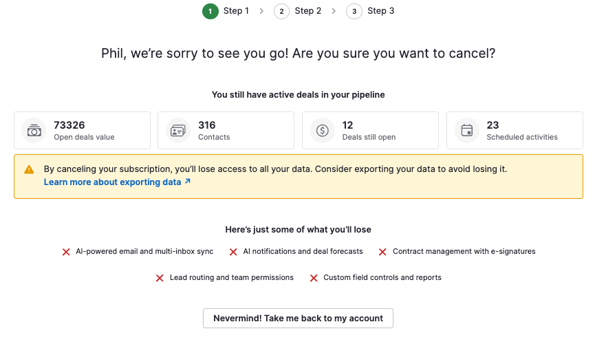 Màn hình hủy đăng ký Pipedrive hiển thị giá trị giao dịch, số liên hệ, giao dịch, hoạt động và cảnh báo mất dữ liệu