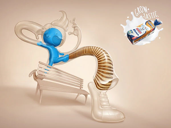 Quảng cáo Bimbo biến chiếc chân của nhân vật thành những lát bánh mì kéo dài để tạo cú lệch thị giác gắn với sản phẩm