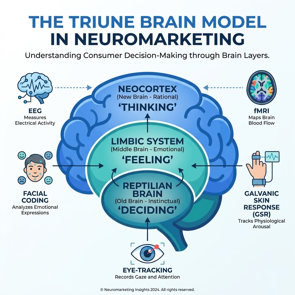 Sơ đồ cấu trúc bộ não ba lớp (Triune Brain Model) kết nối với các công cụ đo lường tương ứng như fMRI, EEG, Facial Coding, GSR và Eye-tracking trong tiếp thị thần kinh.