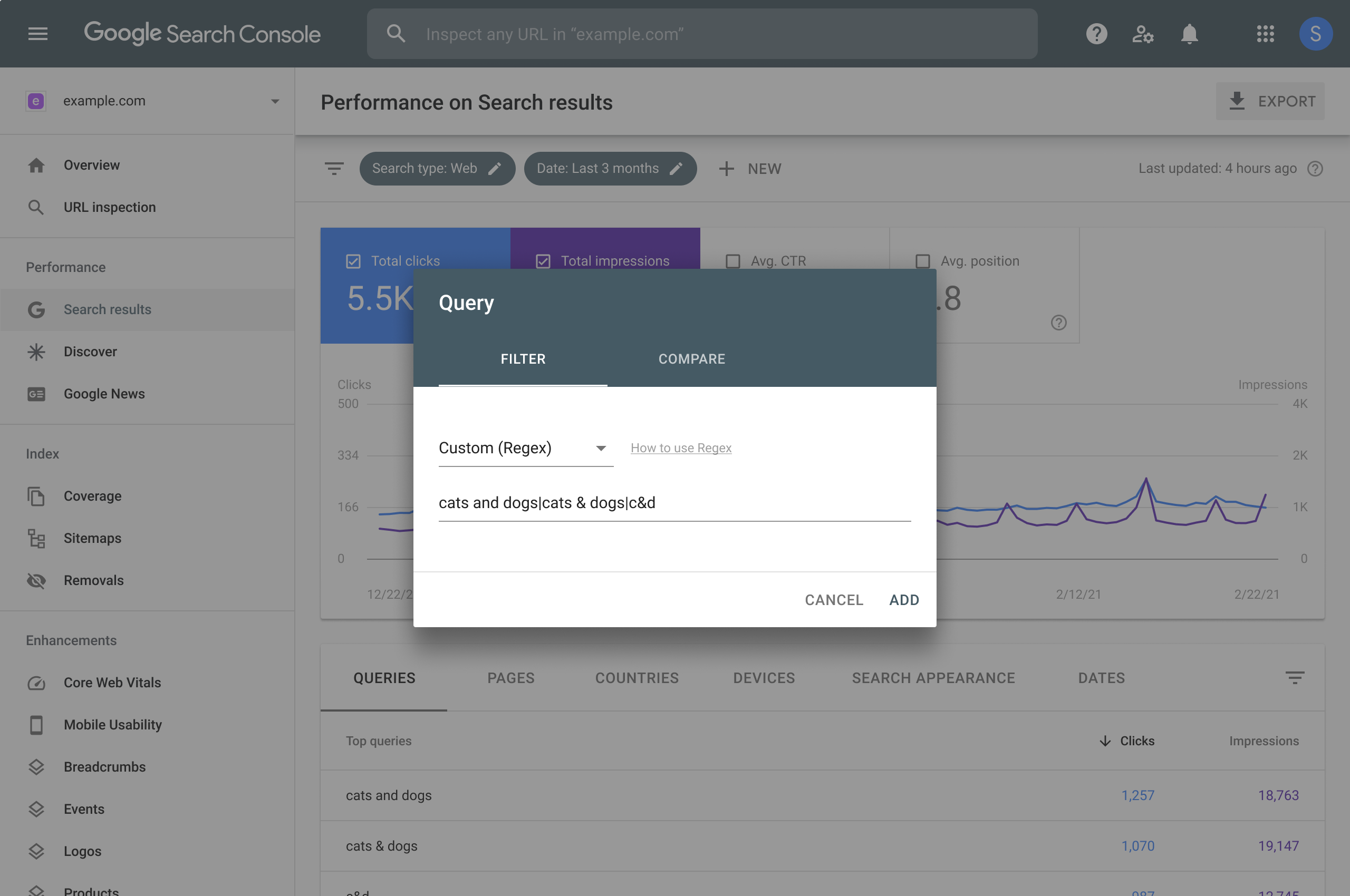 Bộ lọc Custom Regex trong báo cáo Performance của Google Search Console dùng để nhóm truy vấn theo mẫu