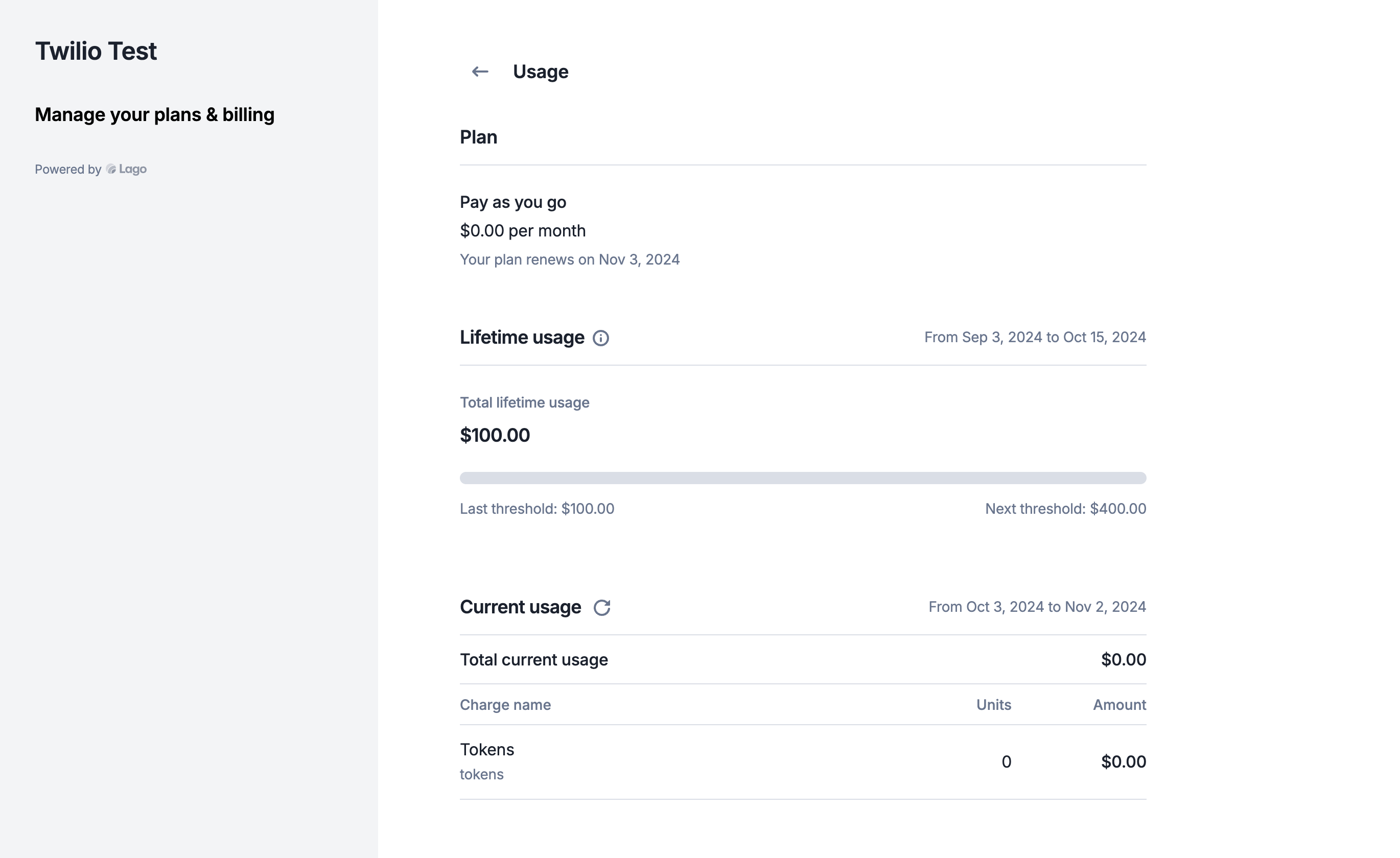 Portal Lago hiển thị gói Pay as you go, mức dùng token hiện tại và ngưỡng chi phí tiếp theo