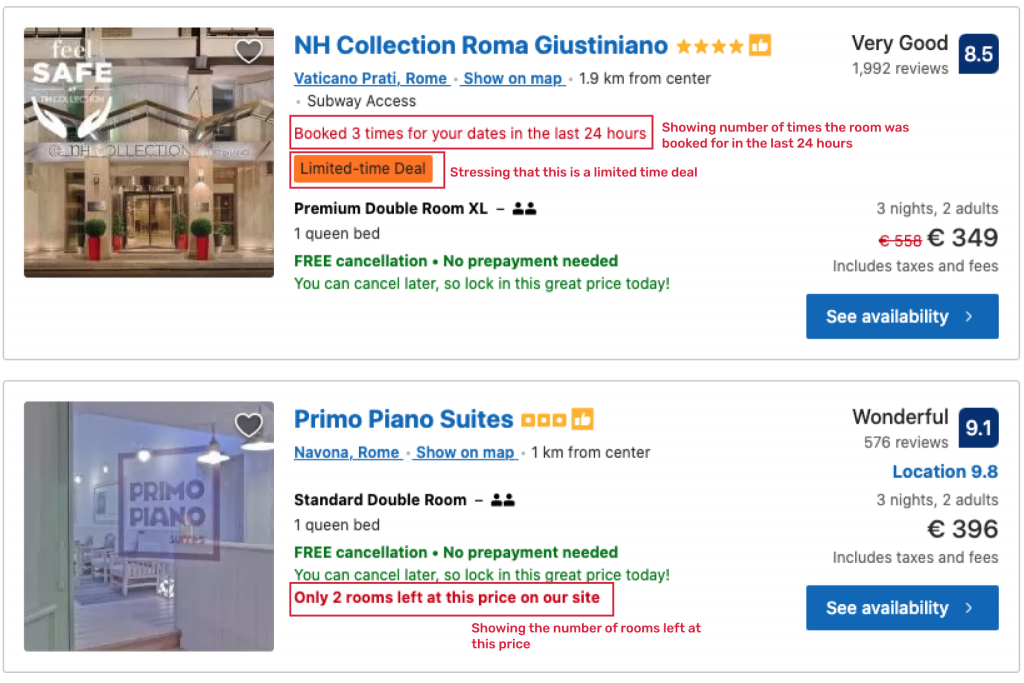 Hai thẻ kết quả Booking.com cho khách sạn ở Rome; thẻ phía dưới hiển thị dòng đỏ “Only 2 rooms left at this price on our site”, kèm giá và nút “See availability”; ảnh có chú thích đỏ chỉ vào thông báo khan hiếm.