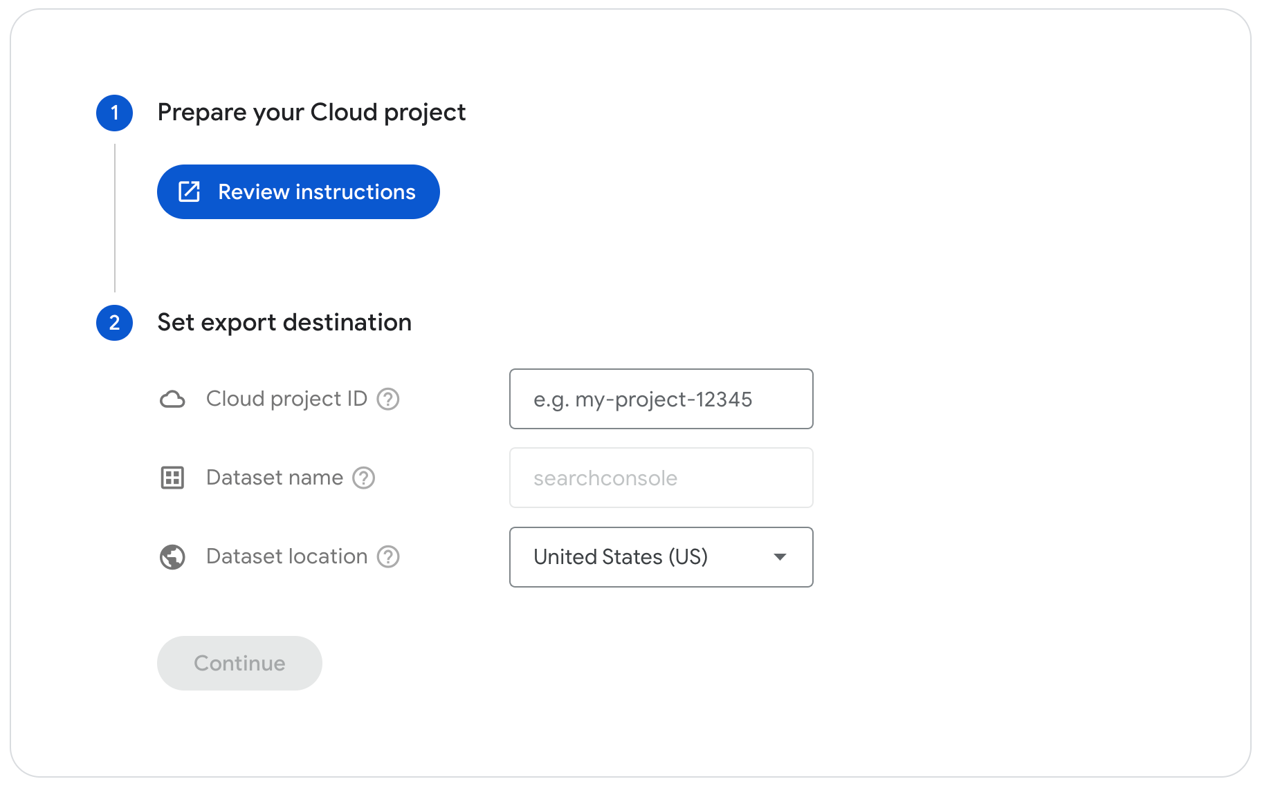Thiết lập Bulk data export của Google Search Console với Cloud project ID, dataset và vị trí dữ liệu