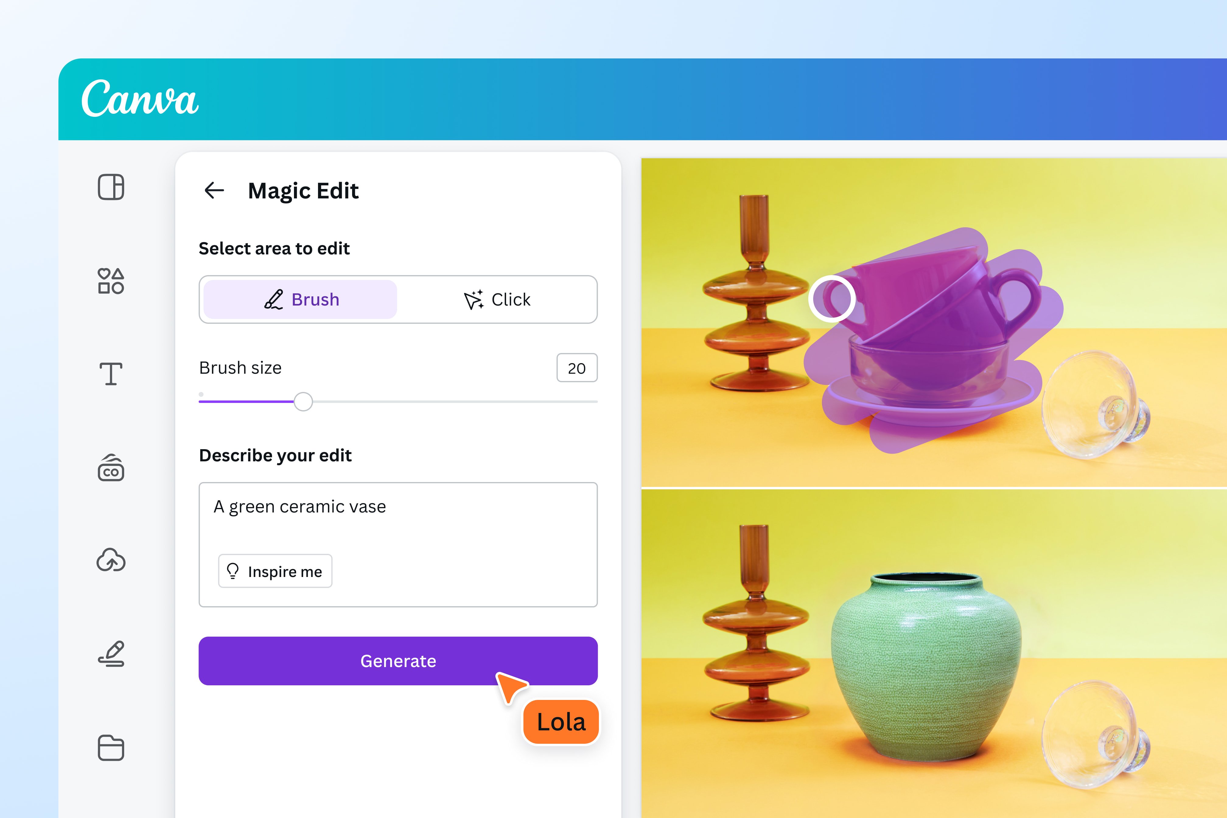 Giao diện Canva Magic Edit với vùng cốc màu tím được chọn và kết quả đổi thành bình gốm xanh