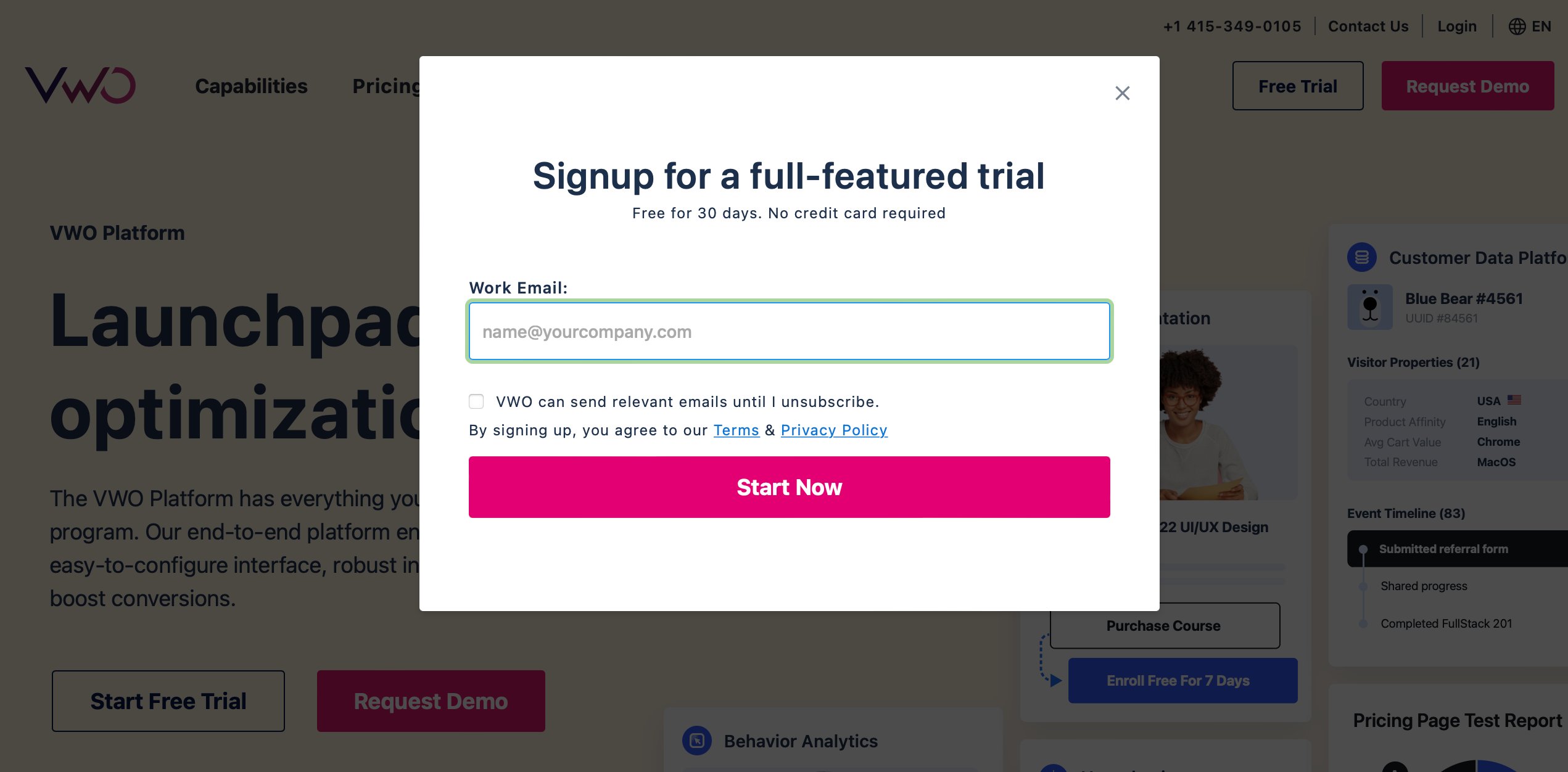 Ví dụ popup đăng ký dùng thử của VWO với biểu mẫu email và nút CTA nổi bật