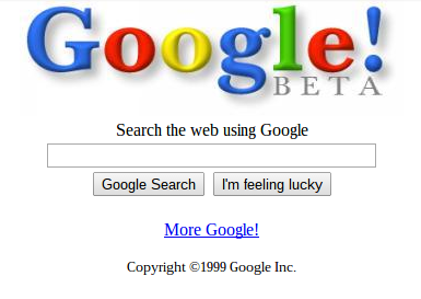 Trang chủ Google năm 1999 với ô tìm kiếm ở giữa nền trắng.